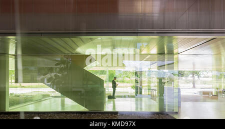 Silhouette businessman in modern office lobby Stock Photo