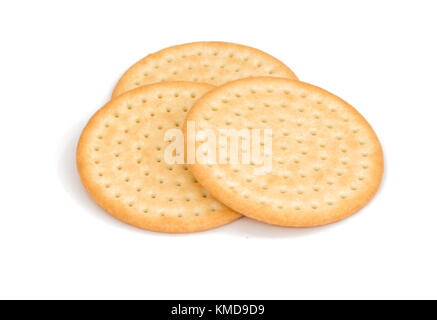 Three Round Generic snack cracker biscuit isolated on white background Stock Photo
