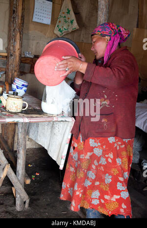 The woman at the camp prepares koumiss in the traditional way Stock Photo