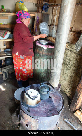 The woman at the camp prepares koumiss in the traditional way Stock Photo