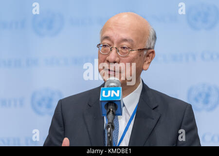 New York, United States. 05th Dec, 2017. Following the conclusion of closed-door United Nations Security Council consultations on Yemen and Syria, Japanese Permanent Representative to the UN Ambassador Koro Bessho is seen delivering a statement at the Security Council stakeout at UN Headquarters. Credit: Albin Lohr-Jones/Pacific Press/Alamy Live News Stock Photo