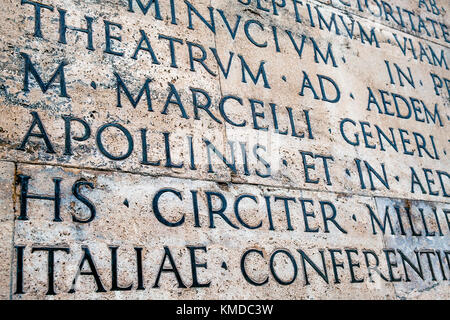 Ancient Latin inscription on the outside wall of Ara Pacis wall in Rome Stock Photo