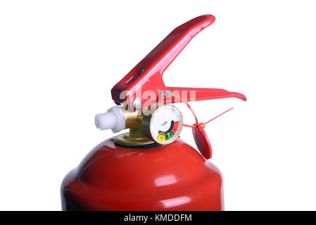 The top part of the red powder fire extinguisher close-up isolated on white Stock Photo