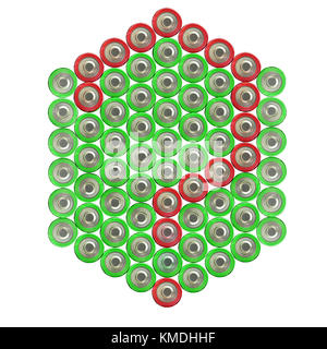 Question mark of red batteries on the background of green batteries, top view, white background, icon, isolated Stock Photo
