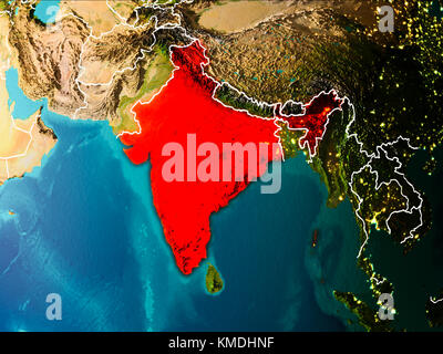 India in the morning highlighted in red on planet Earth with visible border lines and city lights. 3D illustration. Elements of this image furnished b Stock Photo