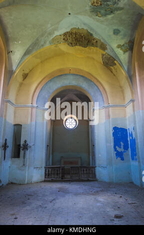 Interior of abandoned Roman Catholic church in Ulashkivtsi (Polish: Ulaszkowce), small village in Chortkiv Raion, Ternopil Oblast in western Ukraine Stock Photo