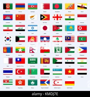 All flags of the countries of the Asia. Rectangle glossy style. Stock Vector