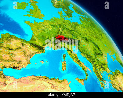 Space view of Switzerland highlighted in red on planet Earth. 3D illustration. Elements of this image furnished by NASA. Stock Photo