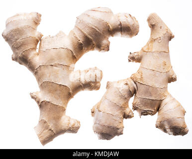 Fresh ginger rhizome or ginger root. Isolated on white background. Stock Photo