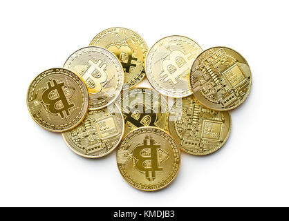 Golden bitcoins. Cryptocurrency isolated on white background. Stock Photo