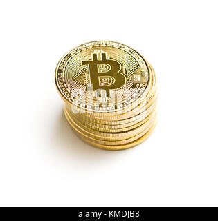 Golden bitcoins. Cryptocurrency isolated on white background. Stock Photo
