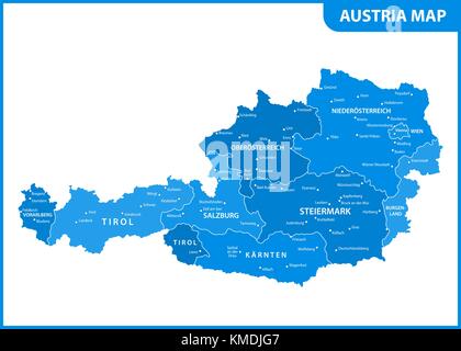 The detailed map of the Austria with regions or states and cities, capital Stock Vector