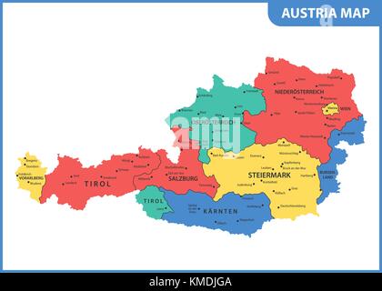 The detailed map of the Austria with regions or states and cities, capital Stock Vector