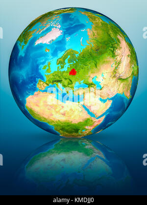 Belarus in red on model of planet Earth on reflective blue surface. 3D illustration. Elements of this image furnished by NASA. Stock Photo