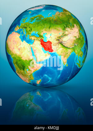 Iran in red on model of planet Earth on reflective blue surface. 3D illustration. Elements of this image furnished by NASA. Stock Photo