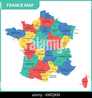 The detailed map of the France with regions or states and cities, capital Stock Vector