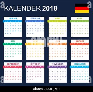 German Calendar for 2018. Scheduler, agenda or diary template. Week starts on Monday Stock Vector