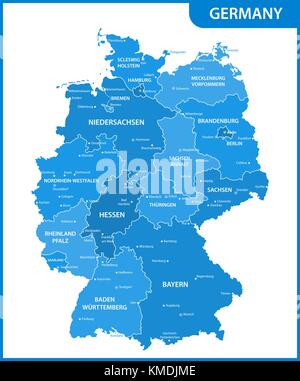 The detailed map of the Germany with regions or states and cities, capitals Stock Vector
