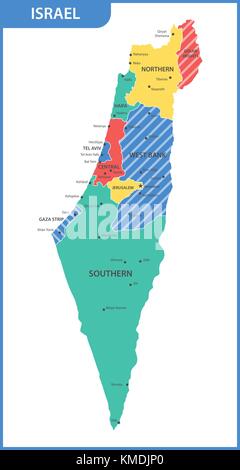 The detailed map of the Israel with regions or states and cities, capitals Stock Vector