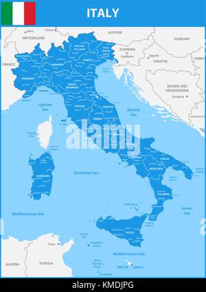 The detailed map of the Italy with regions or states and cities, capital. With sea objects and islands. And parts of neighboring countries Stock Vector