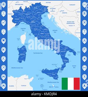 The detailed map of the Italy with regions or states and cities, capital. With sea objects and islands. And parts of neighboring countries. Italian Na Stock Vector