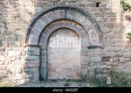 taped door in the Romanesque chapel Mare de Déu del Castell, near Balsareny Castle, Balsareny, Catalonia Stock Photo