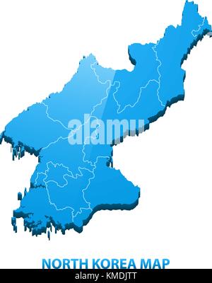 Highly detailed three dimensional map of North Korea with regions border Stock Vector