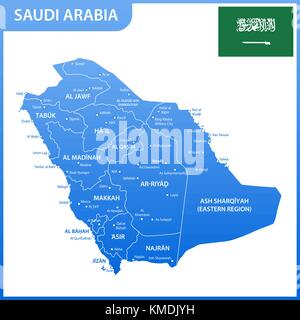 The detailed map of the Saudi Arabia with regions, national flag Stock Vector