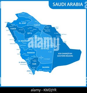 The detailed map of the Saudi Arabia with regions or states and cities, capitals Stock Vector