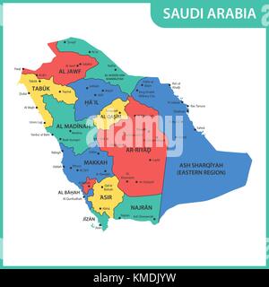 The detailed map of the Saudi Arabia with regions or states and cities, capitals Stock Vector