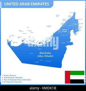 The detailed map of the UAE with regions or states and cities, capitals. United Arab Emirates national flag Stock Vector