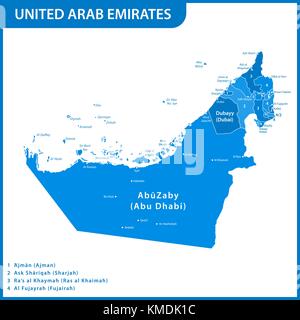 The detailed map of the UAE with regions or states and cities, capitals. United Arab Emirates Stock Vector