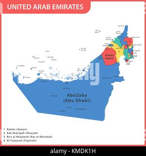 The detailed map of the UAE with regions or states and cities, capitals. United Arab Emirates Stock Vector