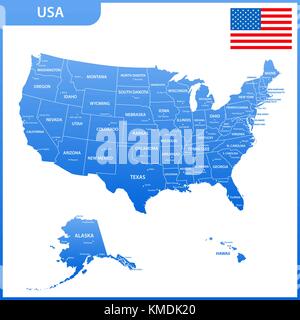 The detailed map of the USA with regions or states and cities, capital. United States of America with national flag Stock Vector