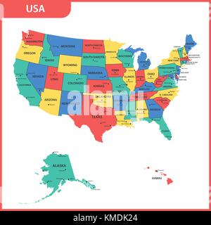 The detailed map of the USA with regions or states and cities, capital. United States of America Stock Vector
