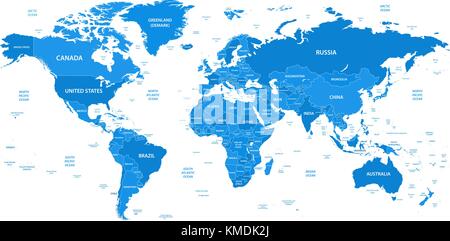 Detailed world map with borders, countries, water objects Stock Vector