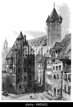 19th century wood engraving of a street in Nuremberg, Germany. Stock Photo