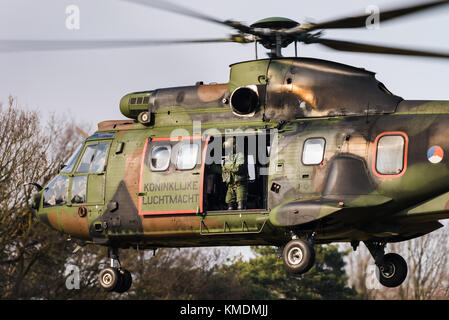 A Eurocopter AS 532 Cougar military transport helicopter of the Royal Netherlands Air Force at the Gilze Rijen Air Base. Stock Photo