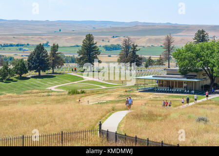 Little Bighorn Battlefield National Monument, MONTANA, USA - JULY 18, 2017: Tourists visiting Custer Battlefield Museum and Last Stand Hill grave yard Stock Photo