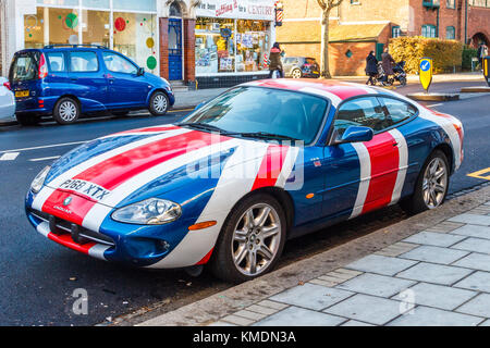 Jaguar XK8 car painted as a Union Flag, Muswell Hill, London, UK Stock Photo