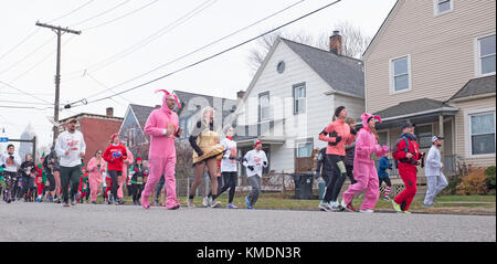 The 2017 annual 'A Christmas Story' 5k/10k fun run makes its way through the streets near downtown Cleveland, Ohio, USA. Stock Photo