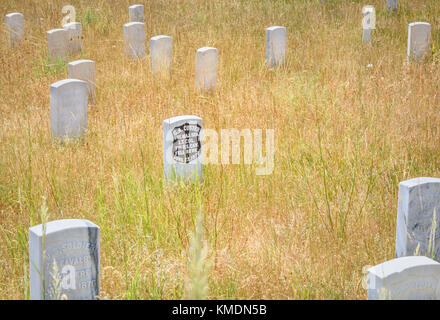 Little Bighorn Battlefield National Monument, MONTANA, USA - JULY 18, 2017: General George Armstrong Custer headstone. Last Stand Hill grave yard. Mon Stock Photo