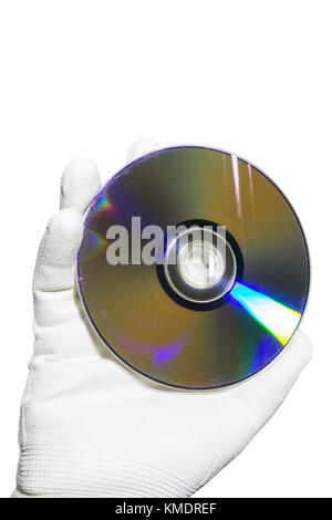 Hand in a white glove holding the compact disc CD Stock Photo