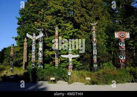 Totem Poles on display at Stanley Park in Vancouver, Canada. Stock Photo
