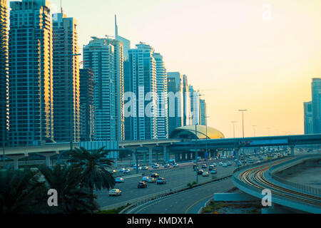 A view of the Dubai City and its traffic during a long weekend sunset evening. Stock Photo