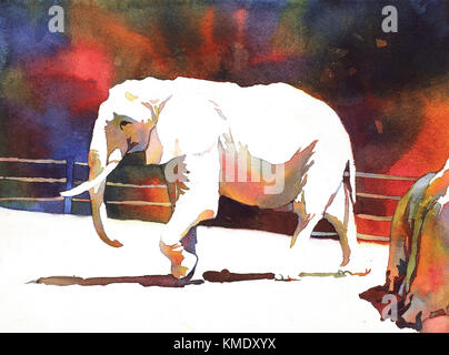 Fine art watercolor batik painting of elephant walking across savannah. Stock Photo