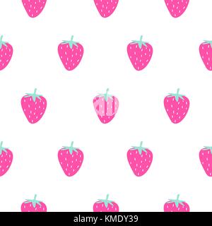 Bright pink strawberry summer juicy cartoon seamless pattern. Stock Vector