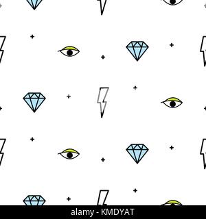 Doodle hipster lightning, eye and diamond seamless vector pattern. Stock Vector