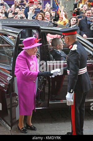 Queen Elizabeth II arrives for the Scripture Union's 150th anniversary service of celebration at St Mary's Church in London. Stock Photo