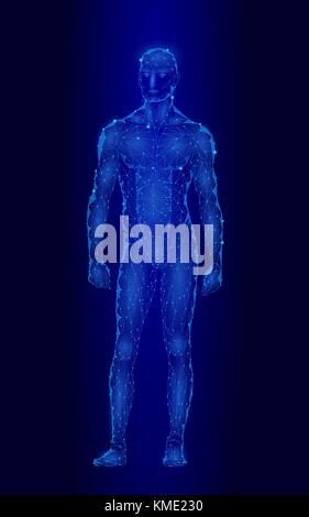 Strong healthy human body standing 3D model low poly design. Android robot humanoid optimal perfect man fitness sport shape. Polygonal geometric point line particle blue glow vector illustration Stock Vector